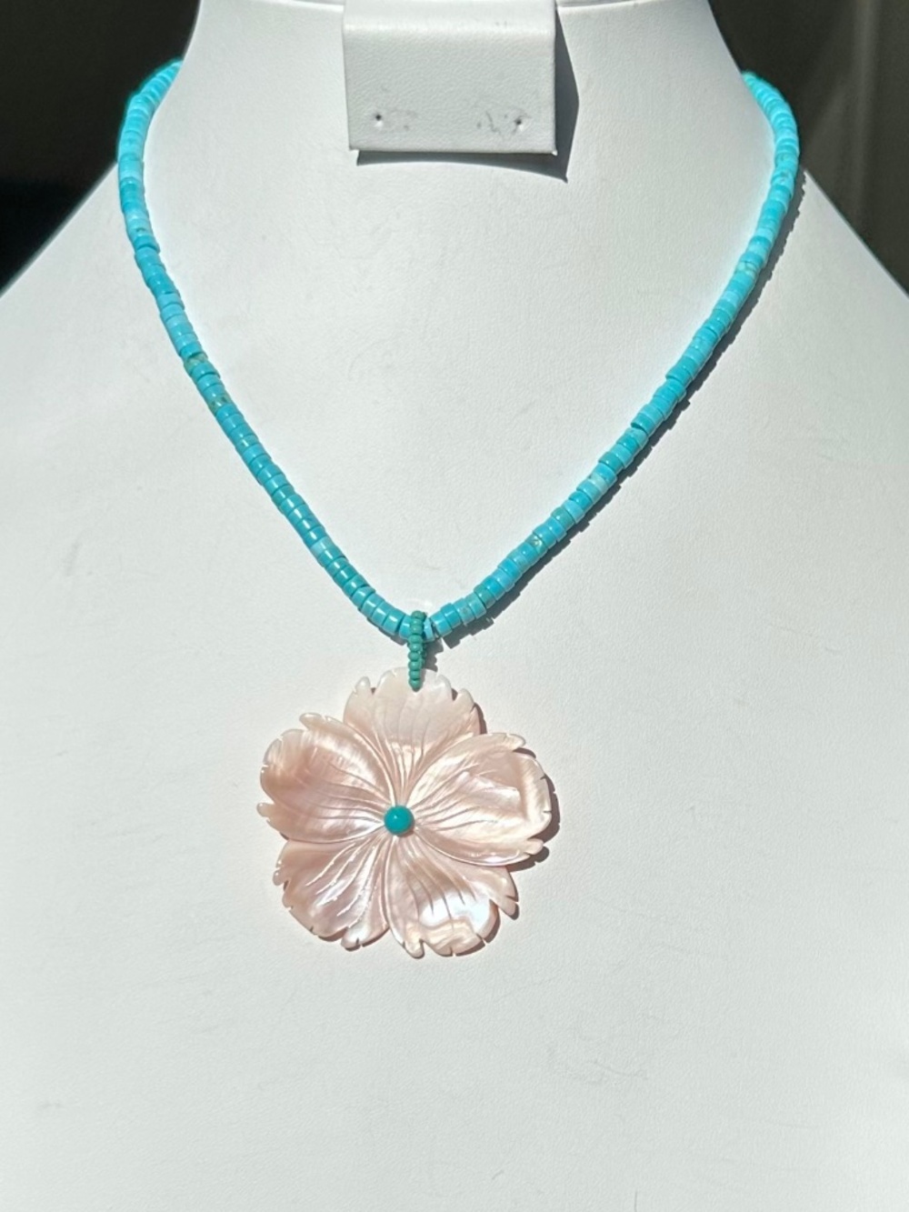 Pink MOP Carved Flower Sleeping Beauty Kingman Turquoise Necklace 925 Silver